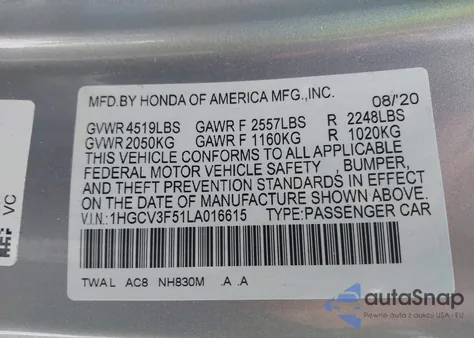 2020 Honda Accord Hybrid Ex-L from USA, damaged, VIN 1HGCV3F51LA016615